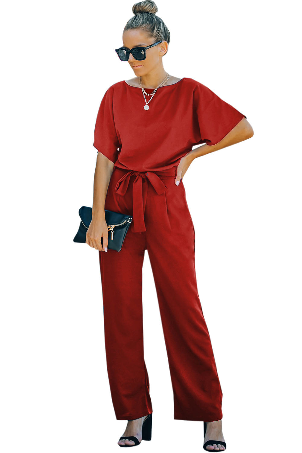 Blue Belted Wide Leg Jumpsuit