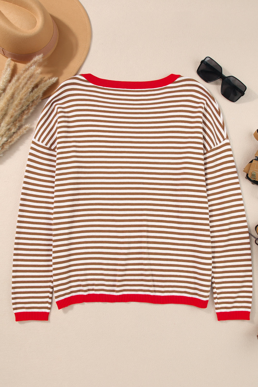 Fiery Red Contrast Trimmed Striped Drop Shoulder Sweater