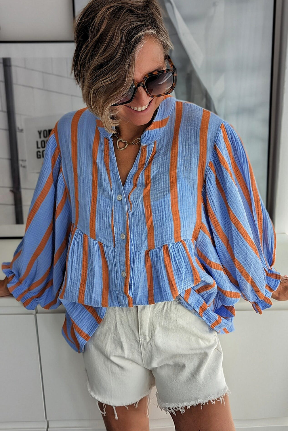 Black Stripe Crinckled Ruffled Sleeve Button up Loose Shirt