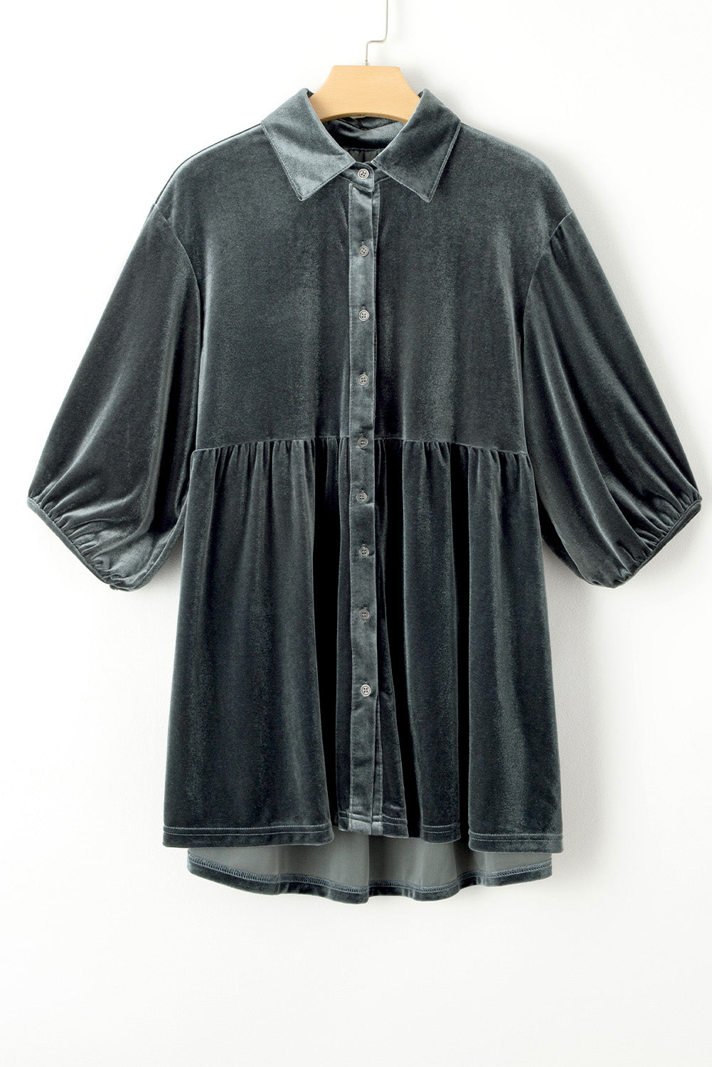 Pale Khaki 3/4 Sleeve Tunic Babydoll Velvet Shirt