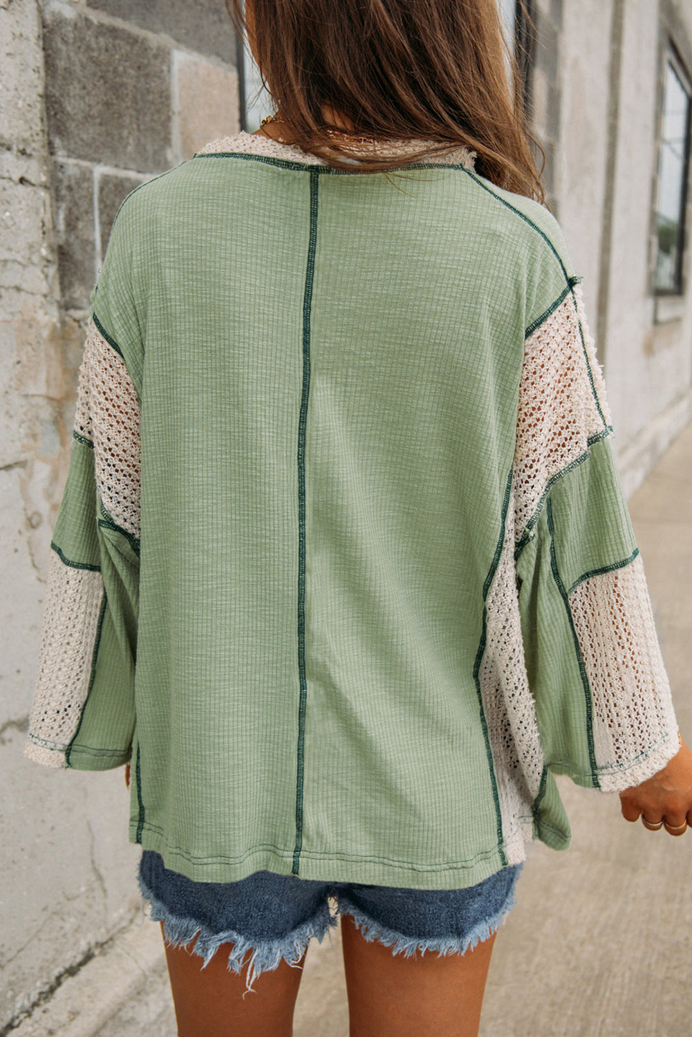 Parchment Crochet Detail Exposed Seam High Low Loose Top