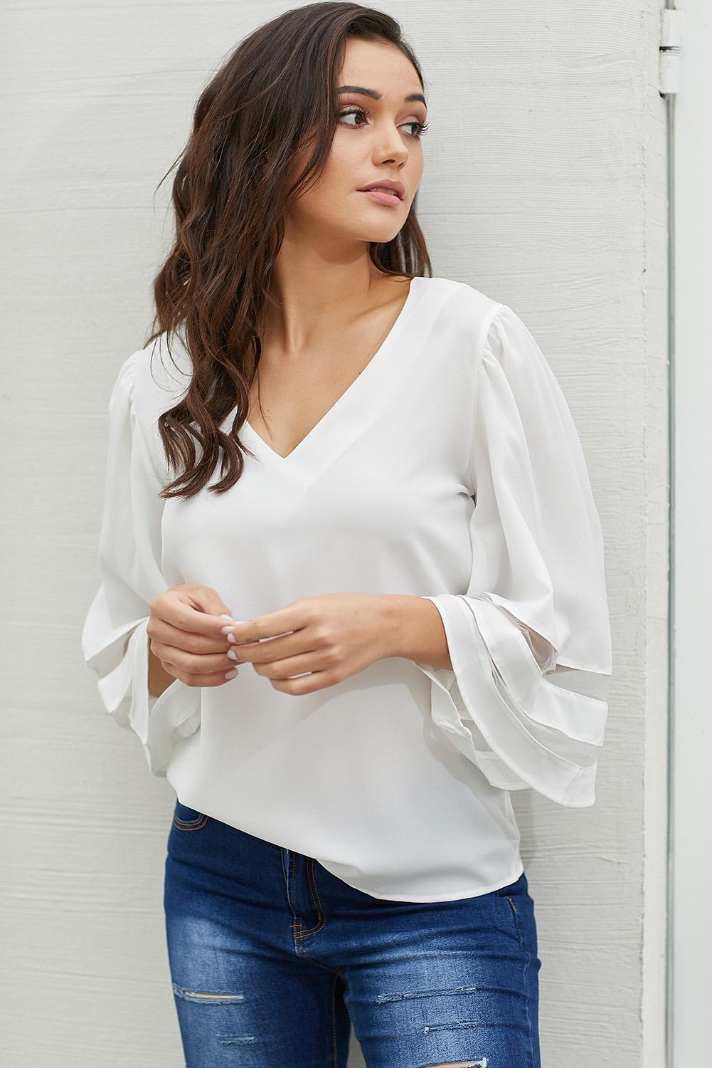 Green Flare Sleeve V Neck Loose Blouse