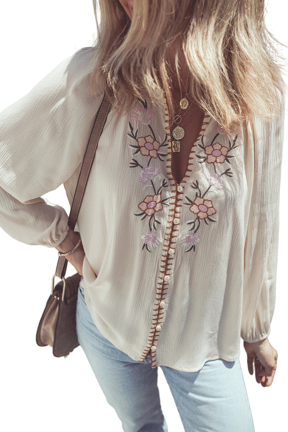 Beige Floral Embroidered Textured Puff Sleeve Loose Shirt