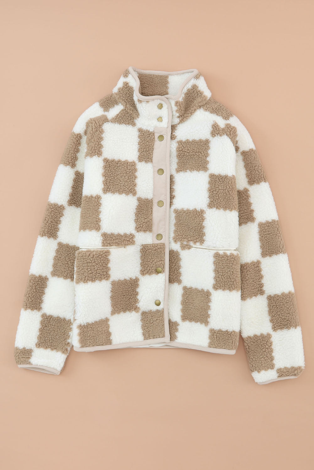 Lapis Checked Snap Button Sherpa Jacket