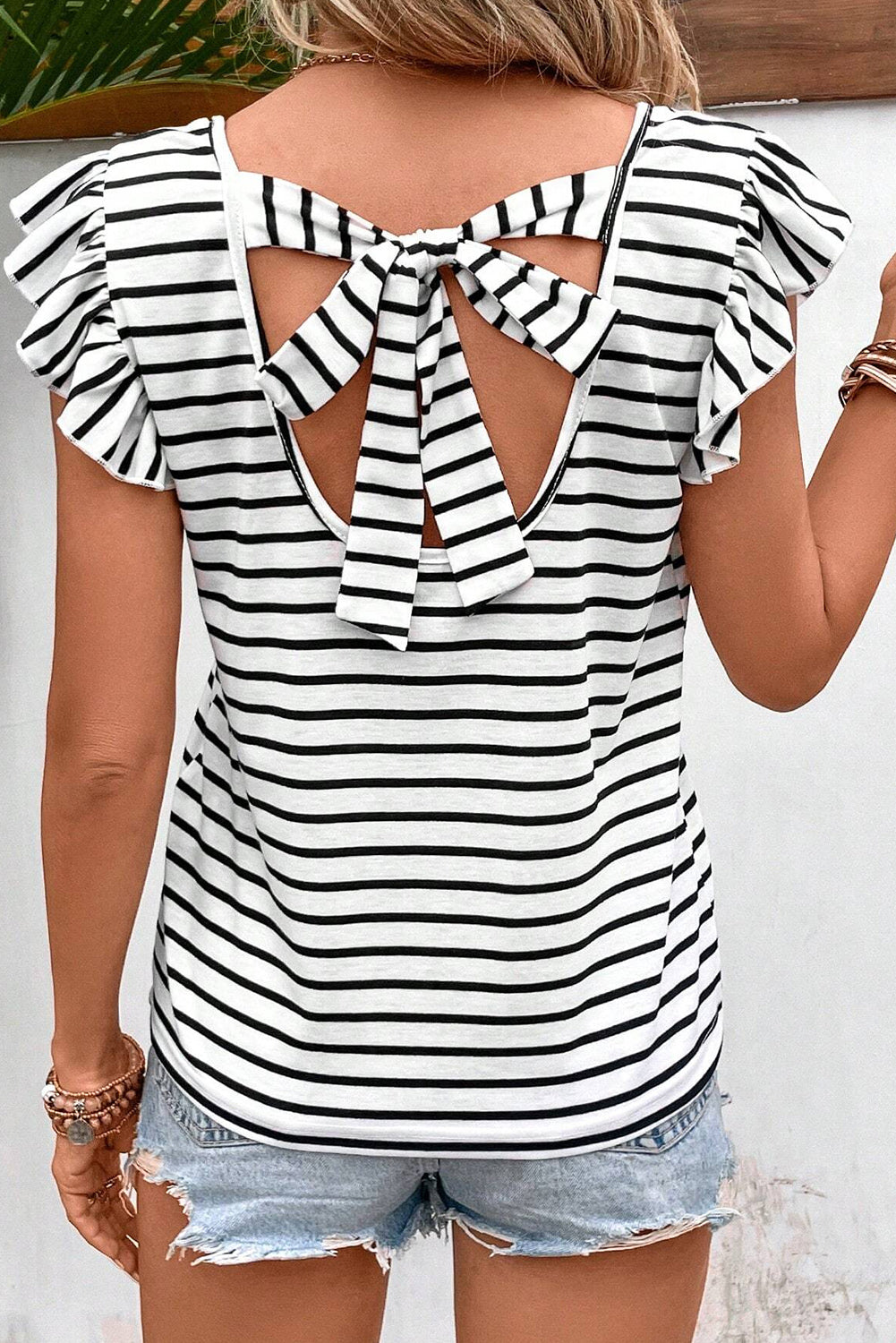Pink Stripe Butterfly Sleeve V Neck Hollowed Knot Back T Shirt