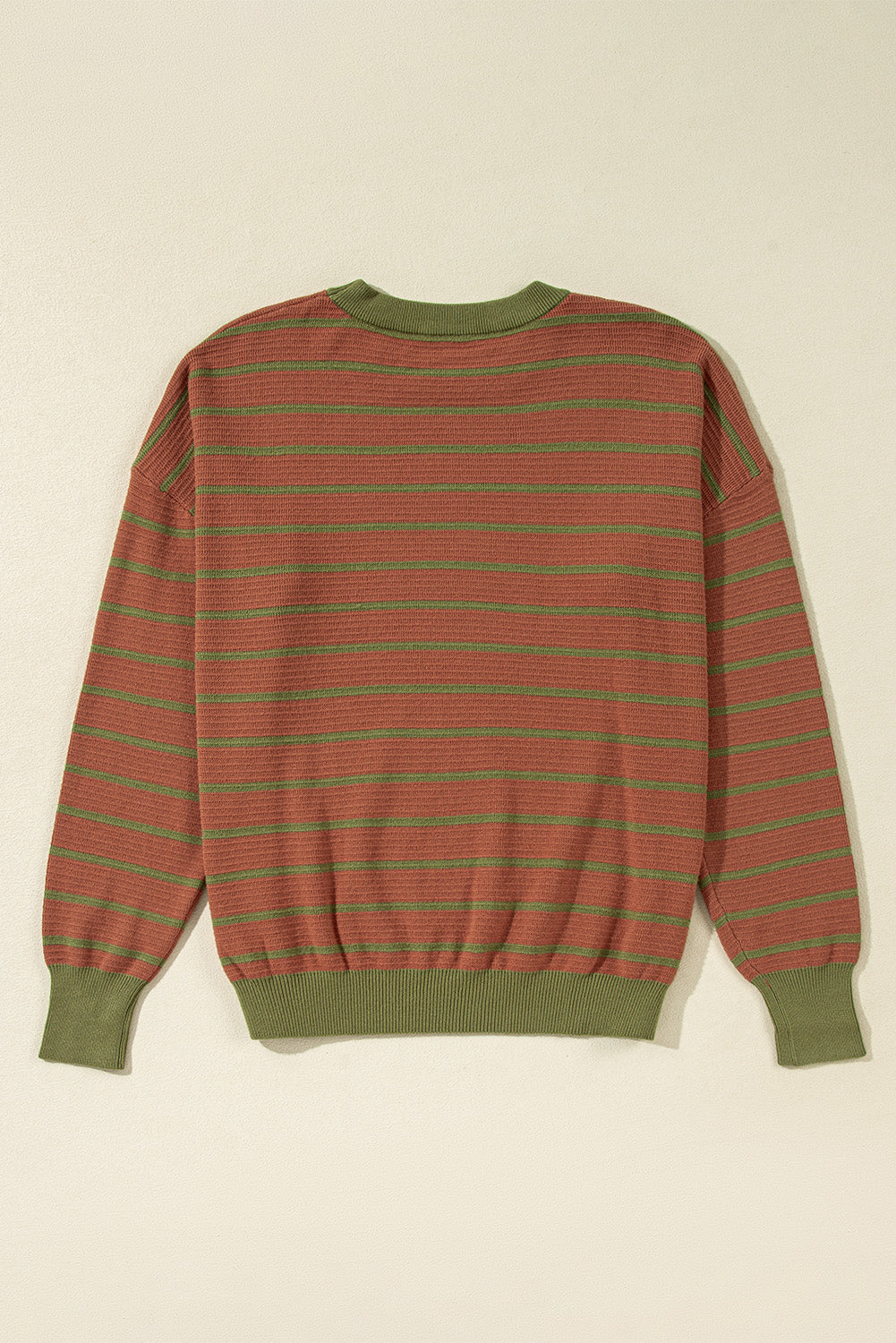 Pink Stripe Trimmed Round Neck Drop Shoulder Loose Sweater