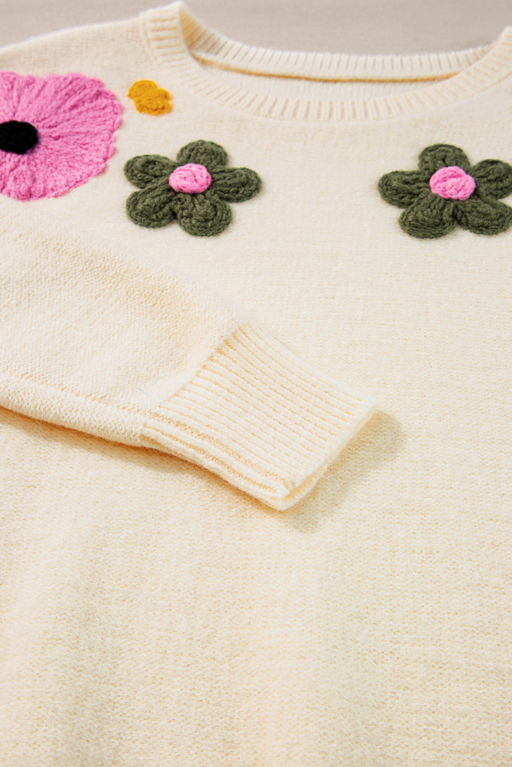 Light Blue Knitted Flower Pattern Ribbed Edge Sweater