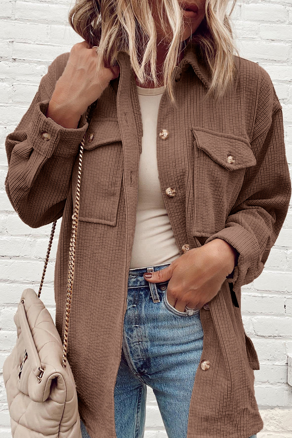 Black Corduroy Flap Pocket Button Up Shacket