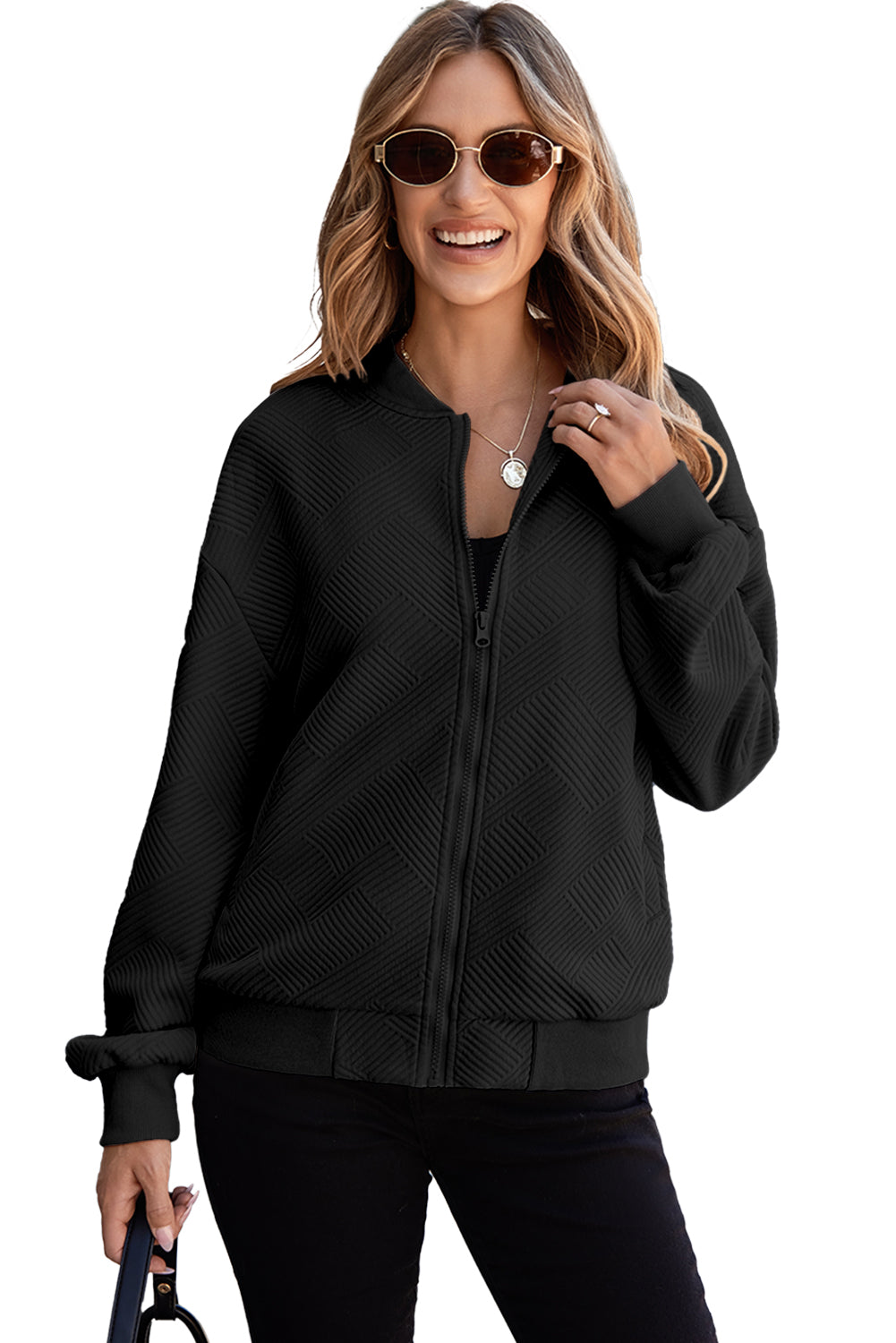 Myosotis Solid Textured Stand Neck Zipper Bomber Jacket