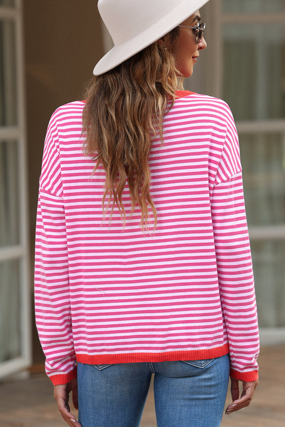 Fiery Red Contrast Trimmed Striped Drop Shoulder Sweater