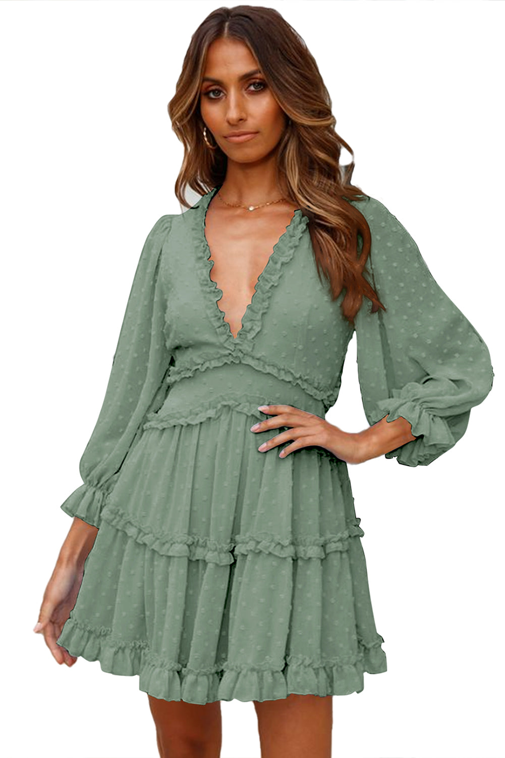 Pink Layered Ruffled Open Back Puff Sleeve Swiss Dot Mini Dress