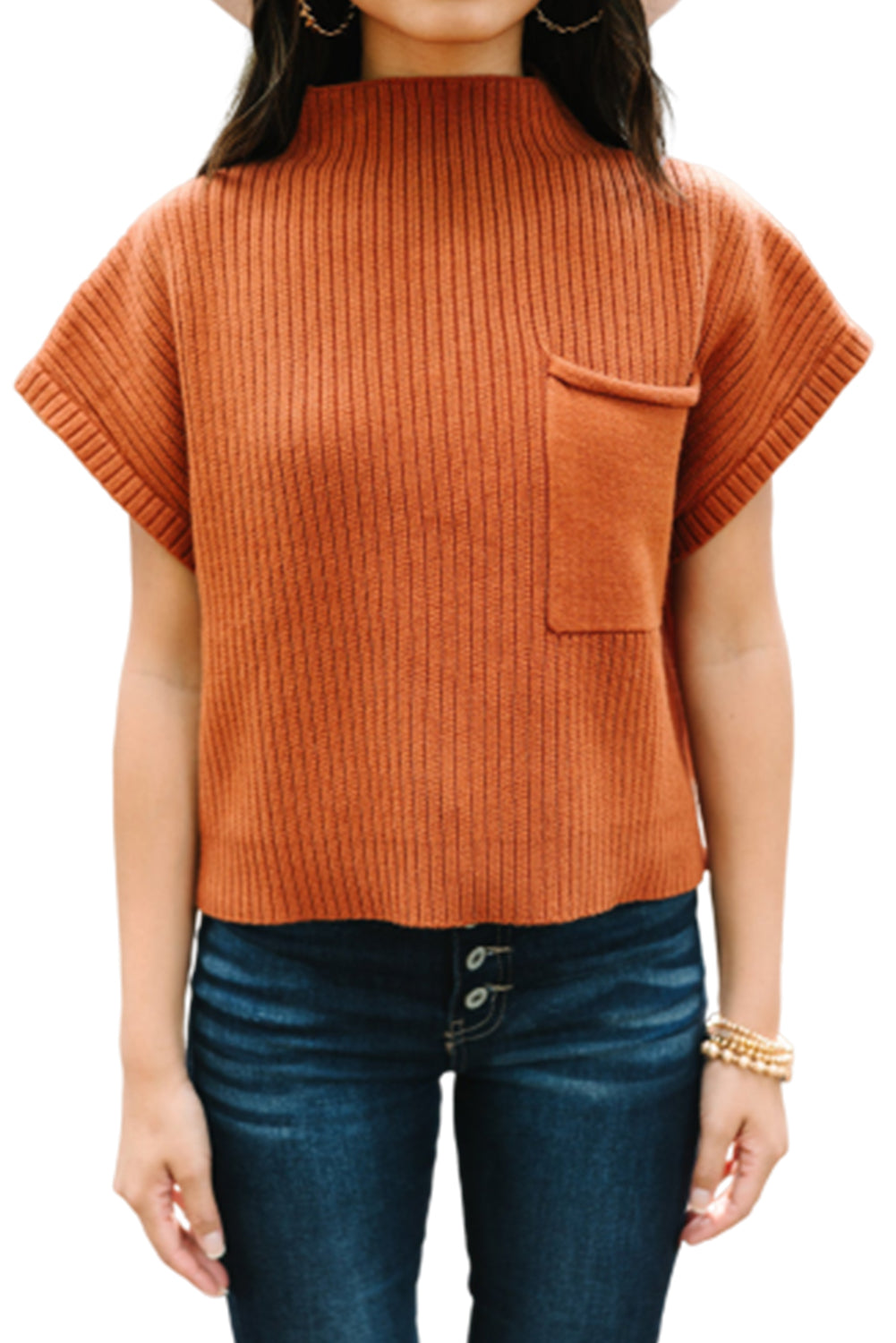 Beau Blue Patch Pocket Ribbed Knit Short Sleeve Sweater
