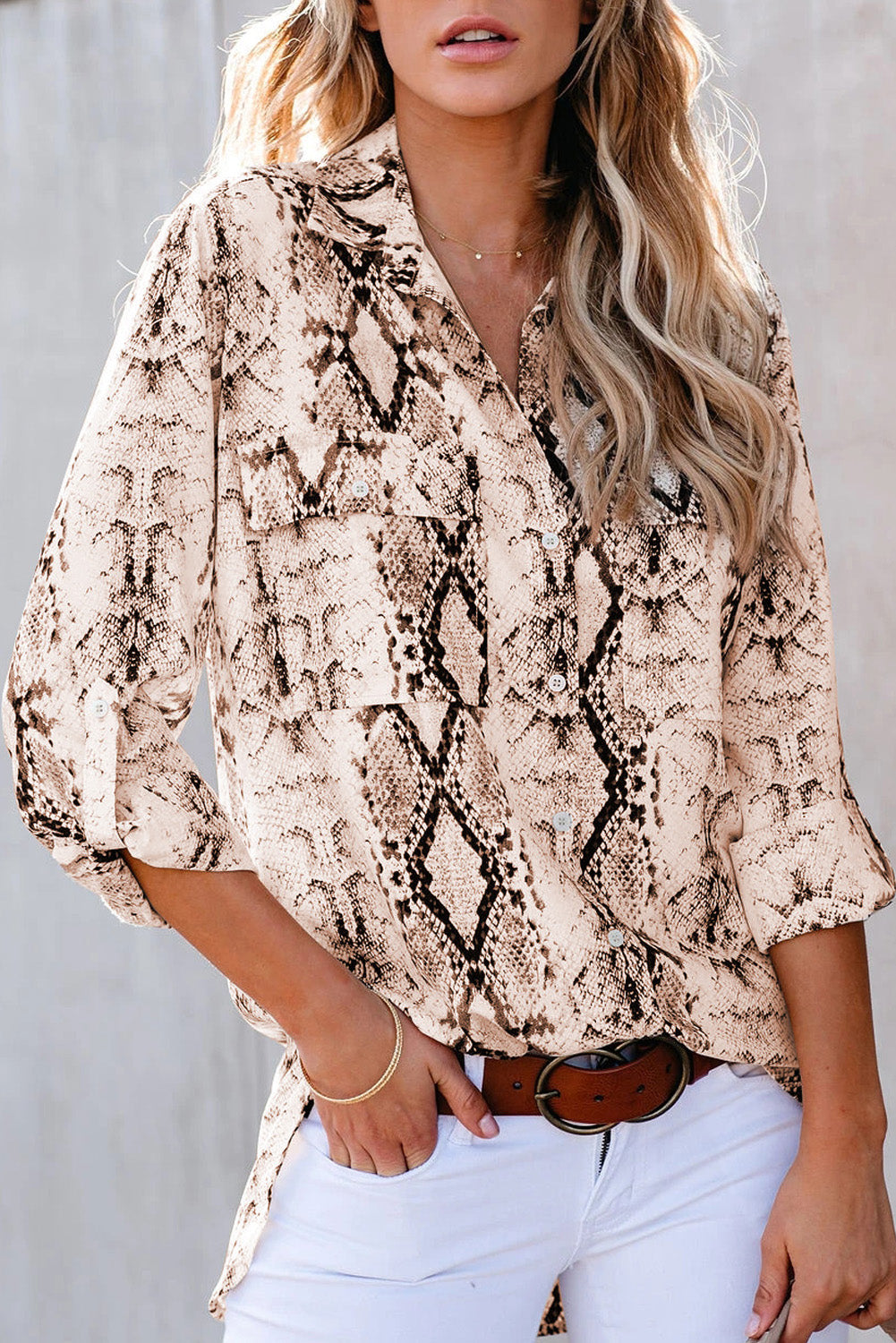 Blue Wild Snake Print Shirt with Pockets