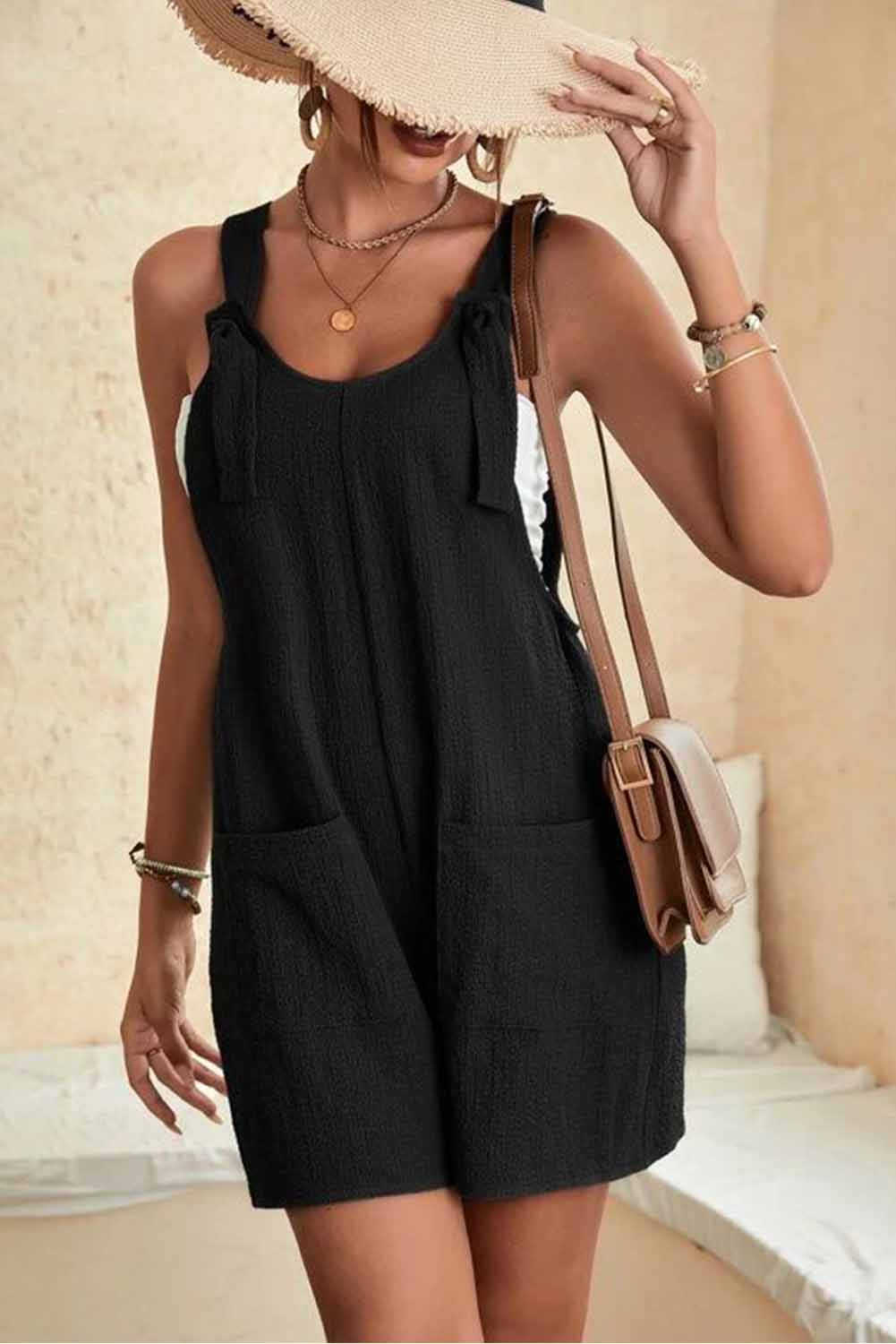 Pink Adjustable Straps Pocketed Textured Romper