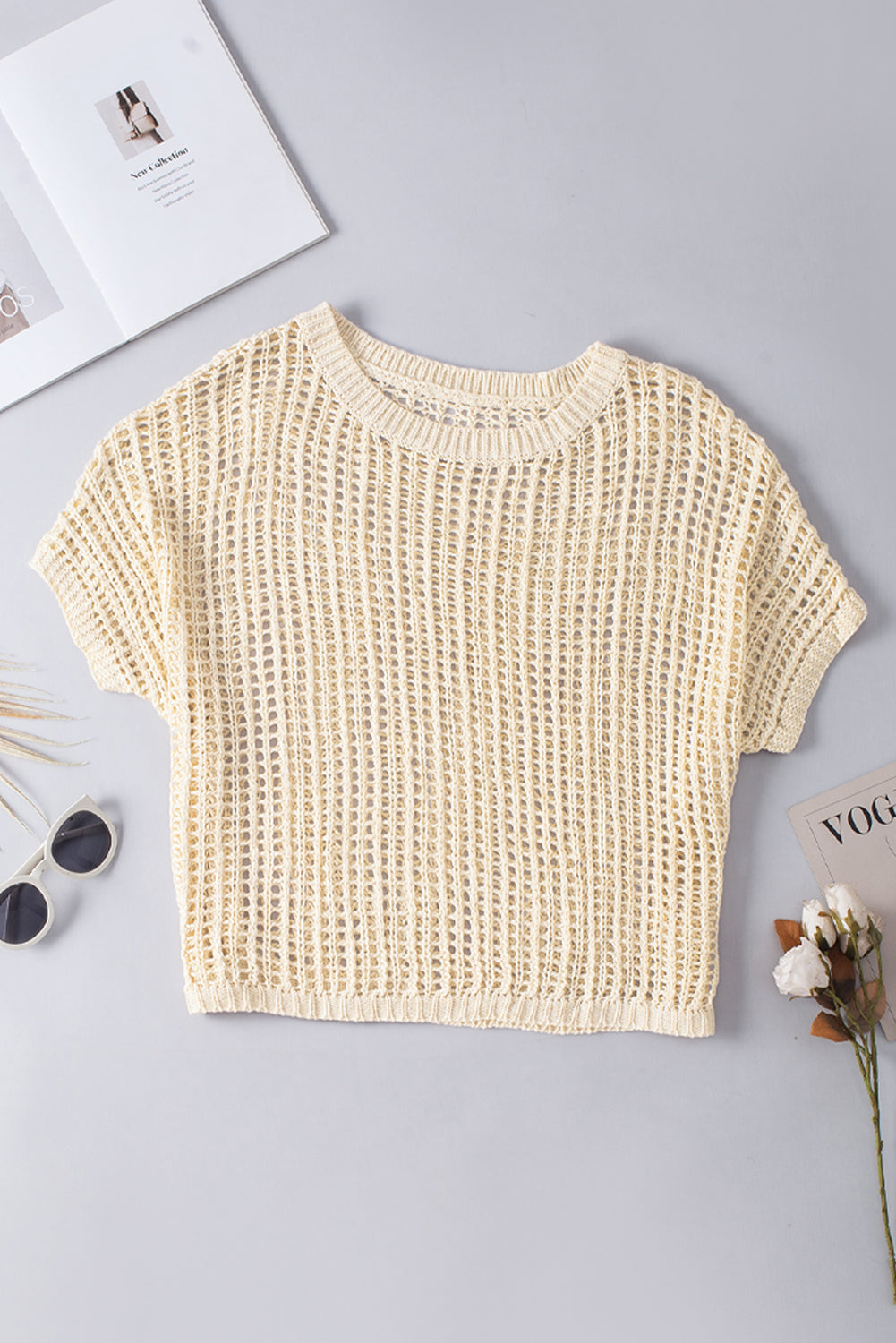 Black Fishnet Knit Ribbed Round Neck Short Sleeve Sweater Tee