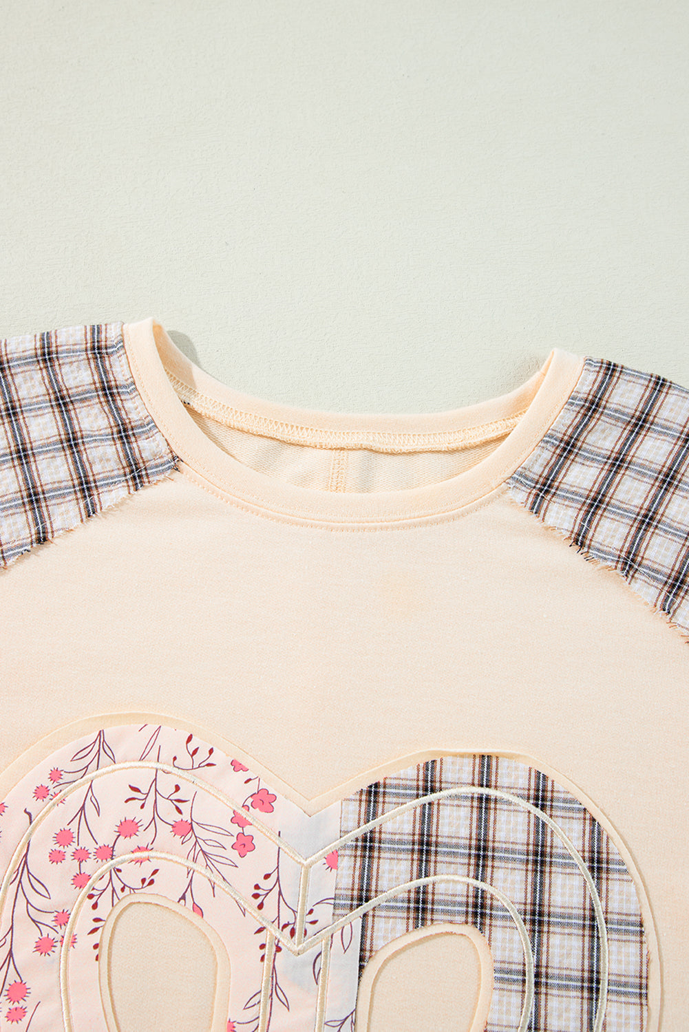 Clearly Aqua Plaid Floral Peace Heart Graphic Wide Long Sleeve Top