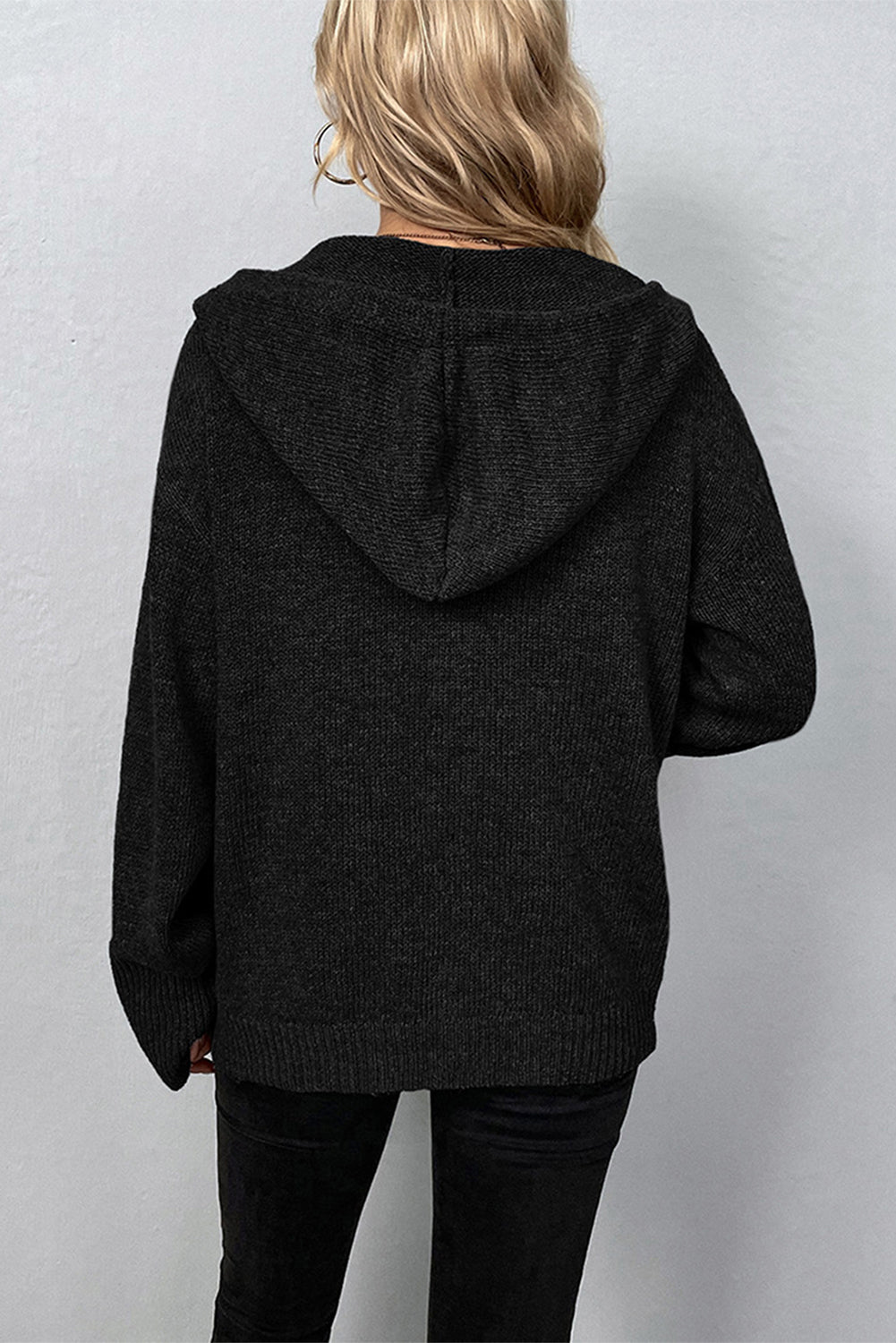 White Drawstring Hooded Button Up Drop Shoulder Sweater Cardigan