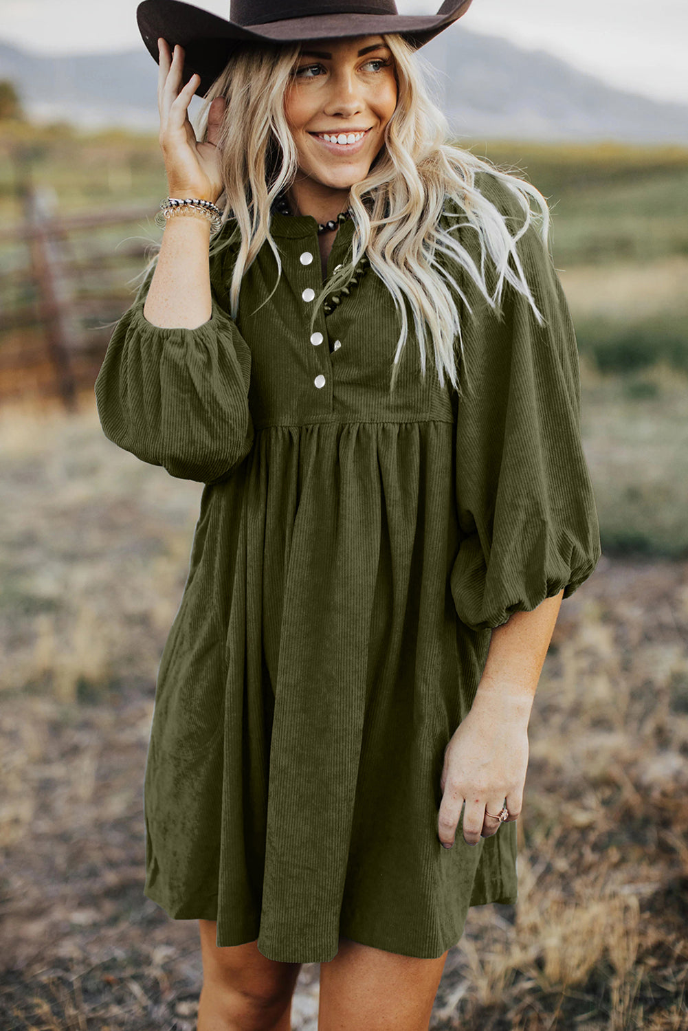 Gold Flame Corduroy Snap Buttons Empire Waist Bracelet Sleeve Dress