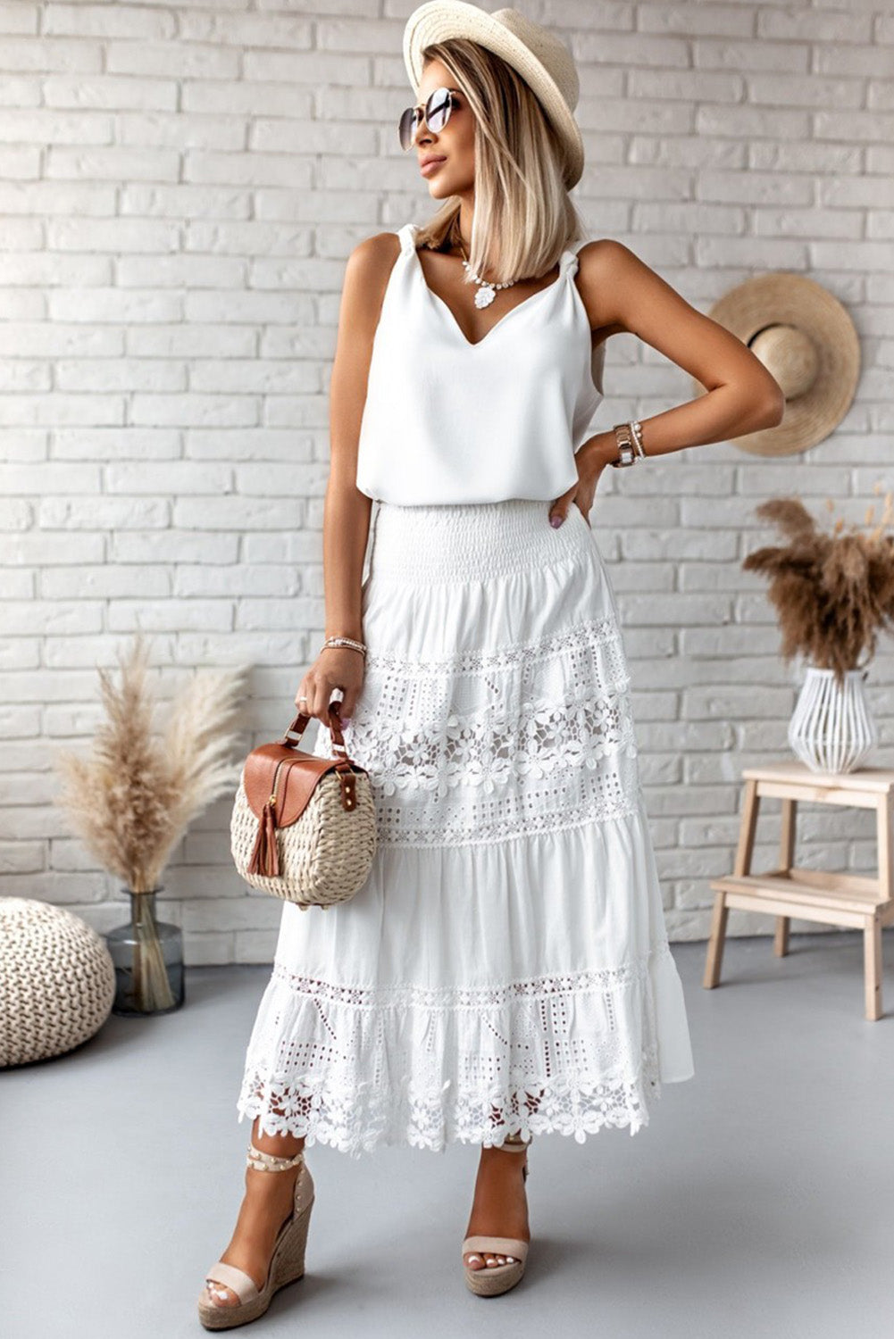 Rose White V Neck Knotted Shoulder Vest
