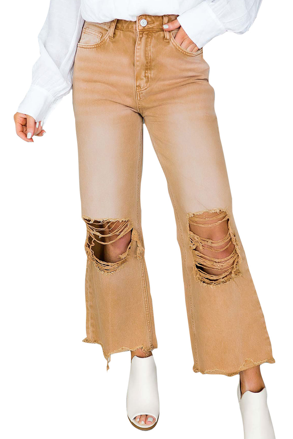 Black Distressed Hollow-out High Waist Cropped Flare Jeans