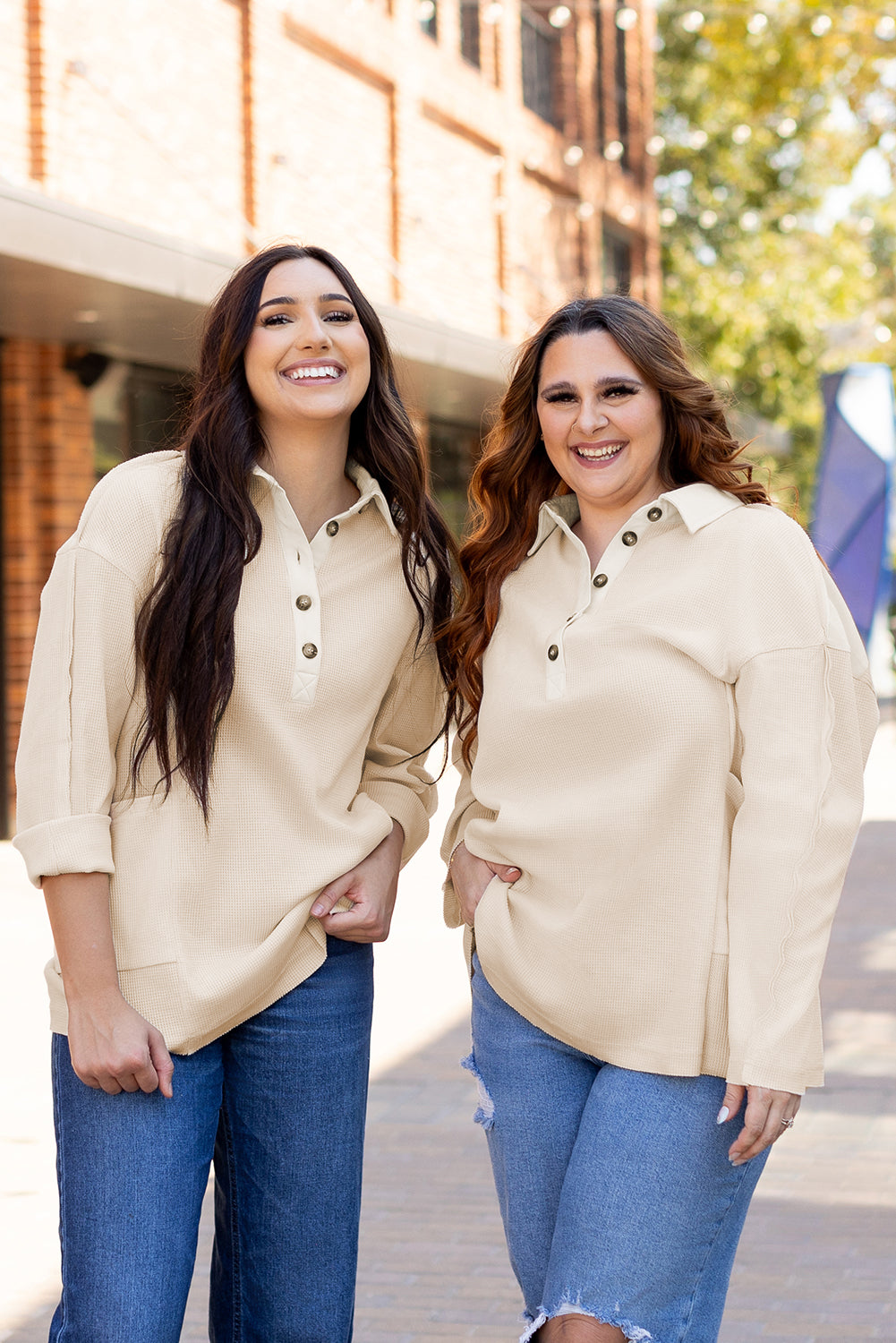 Smoke Green Waffle Long Sleeve Collar Half Button Loose Top