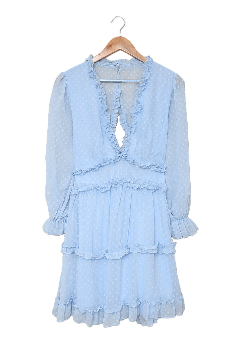 Pink Layered Ruffled Open Back Puff Sleeve Swiss Dot Mini Dress