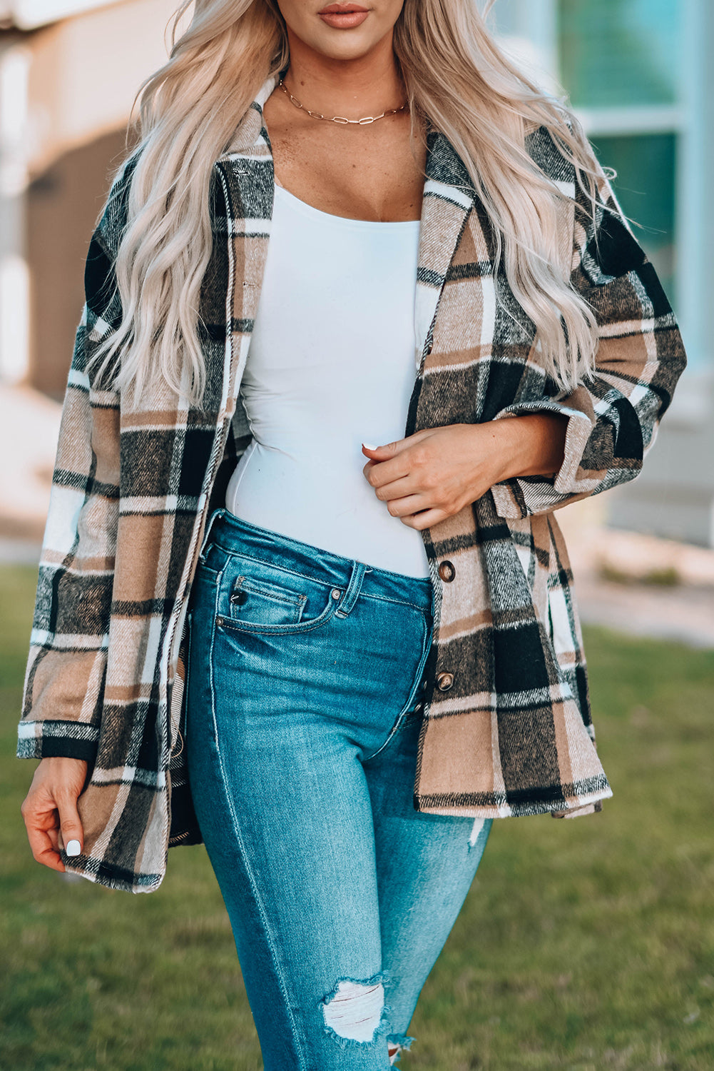 Orange Plaid Print Buttoned Shirt Jacket