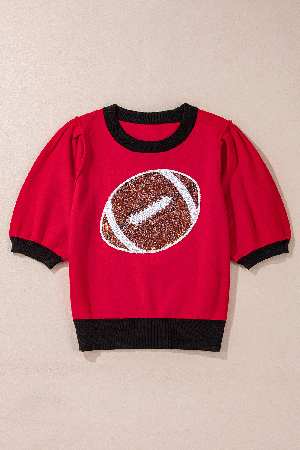 Purple Sequin Rugby Color Block Puff Short Sleeve Sweater