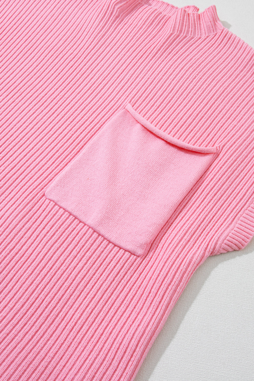 Beau Blue Patch Pocket Ribbed Knit Short Sleeve Sweater