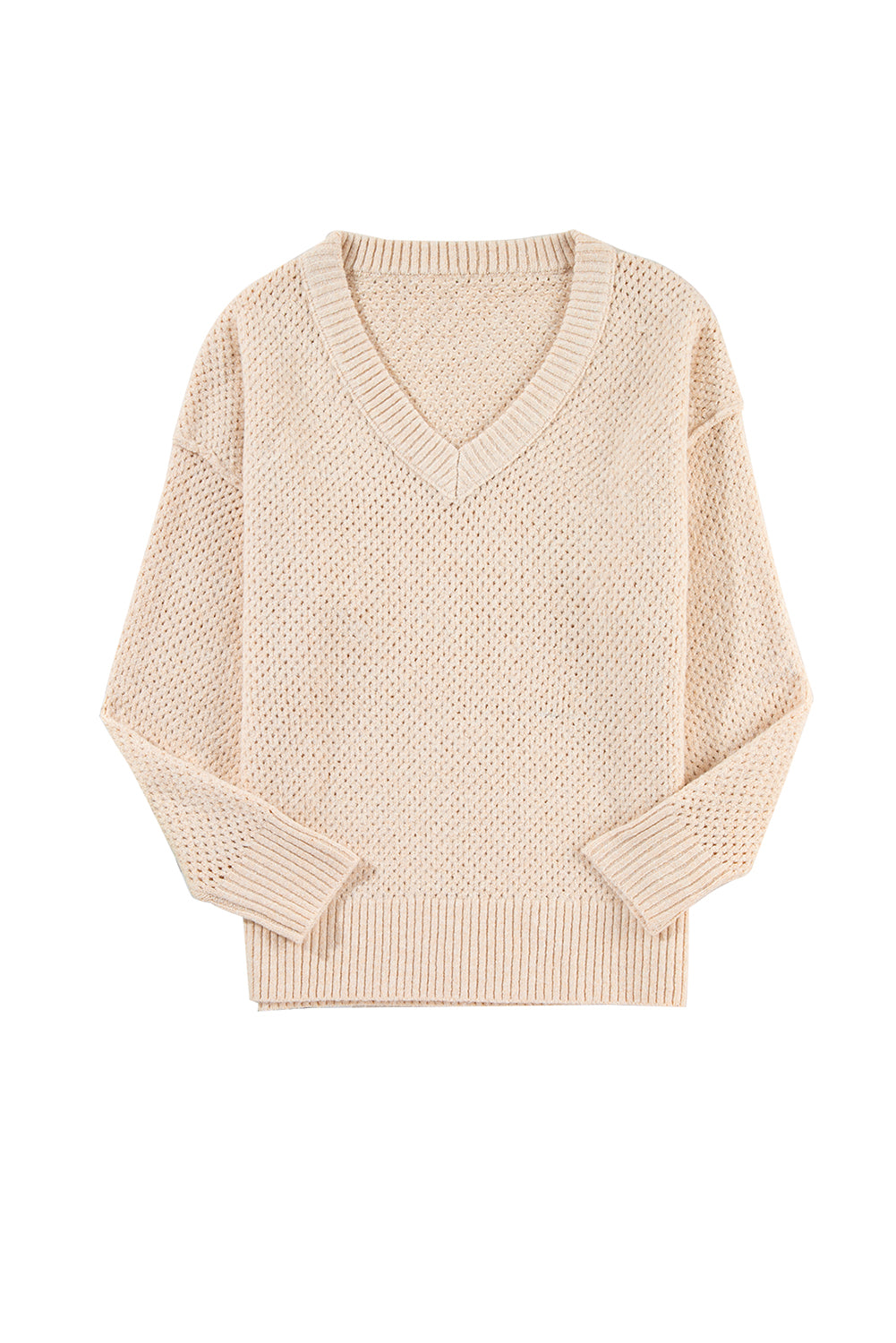 Jungle Green Loose Eyelet V Neck Drop Shoulder Sweater