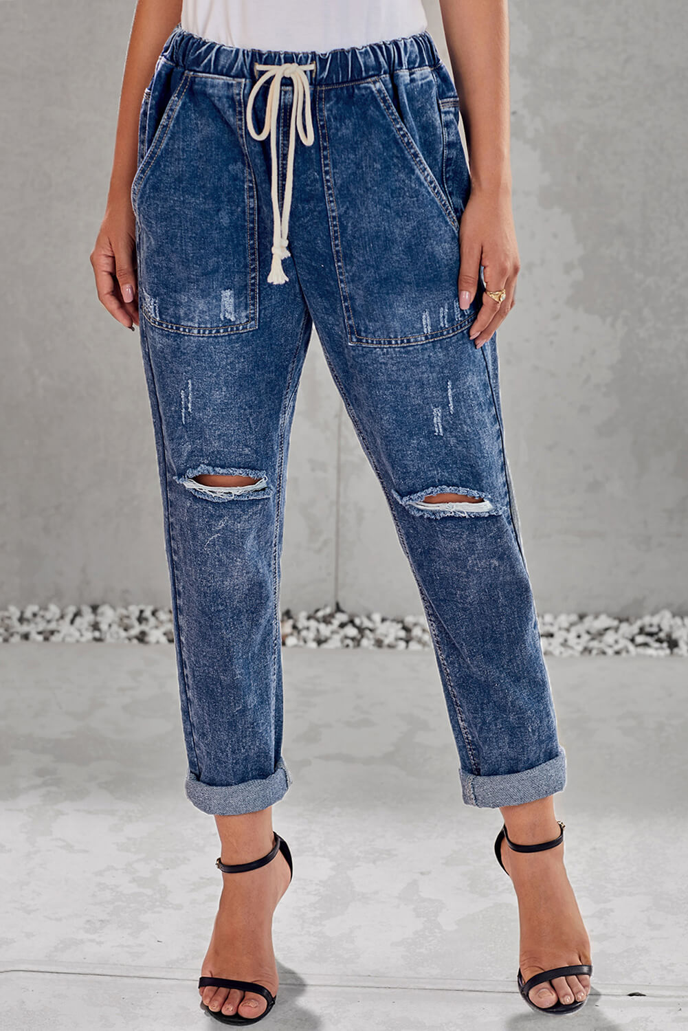 Sky Blue Gather Round Distressed Pocketed Denim Jogger