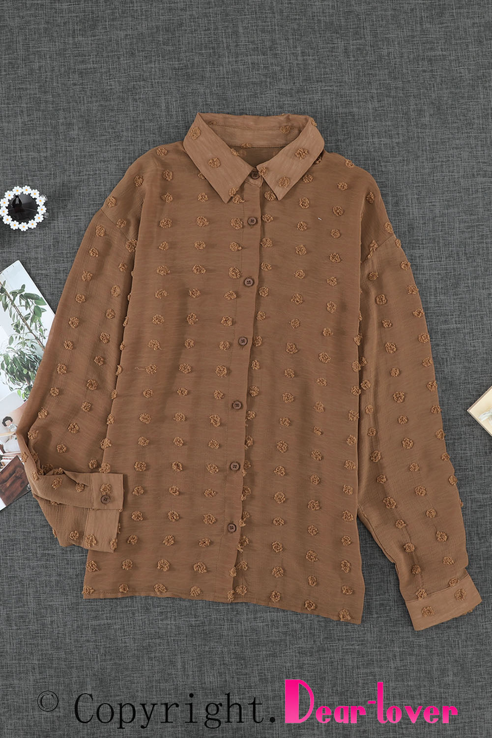 Gray Long Sleeve Button Fuzzy Polka Dot Shirt