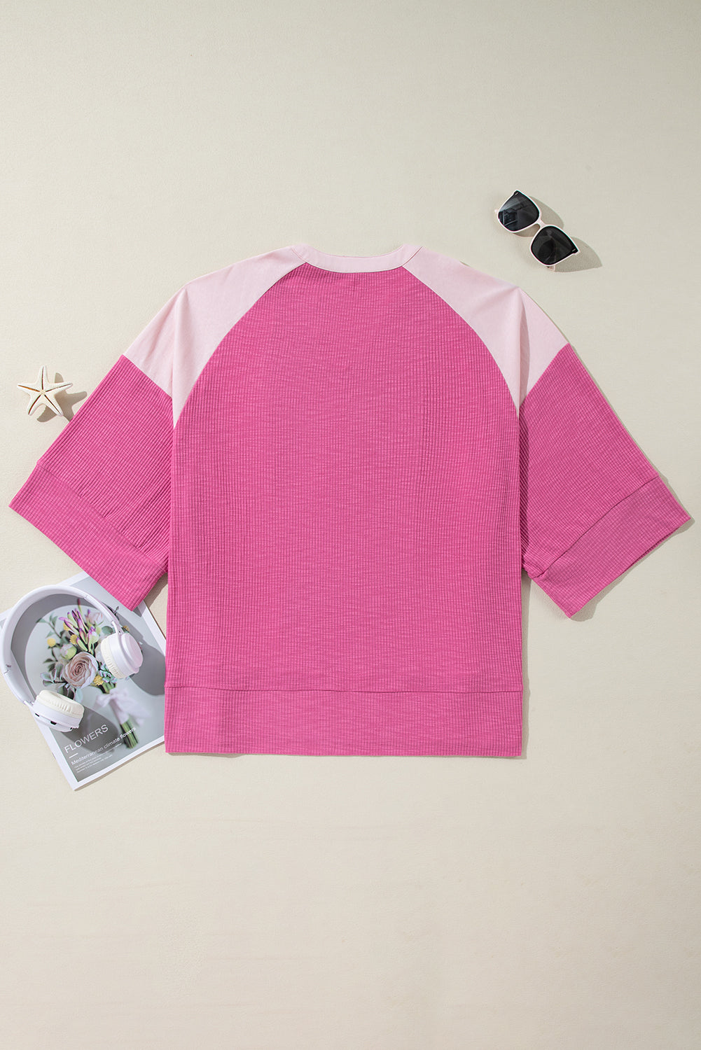 Straw Yellow Textured Colorblock 3/4 Sleeve Oversize Top