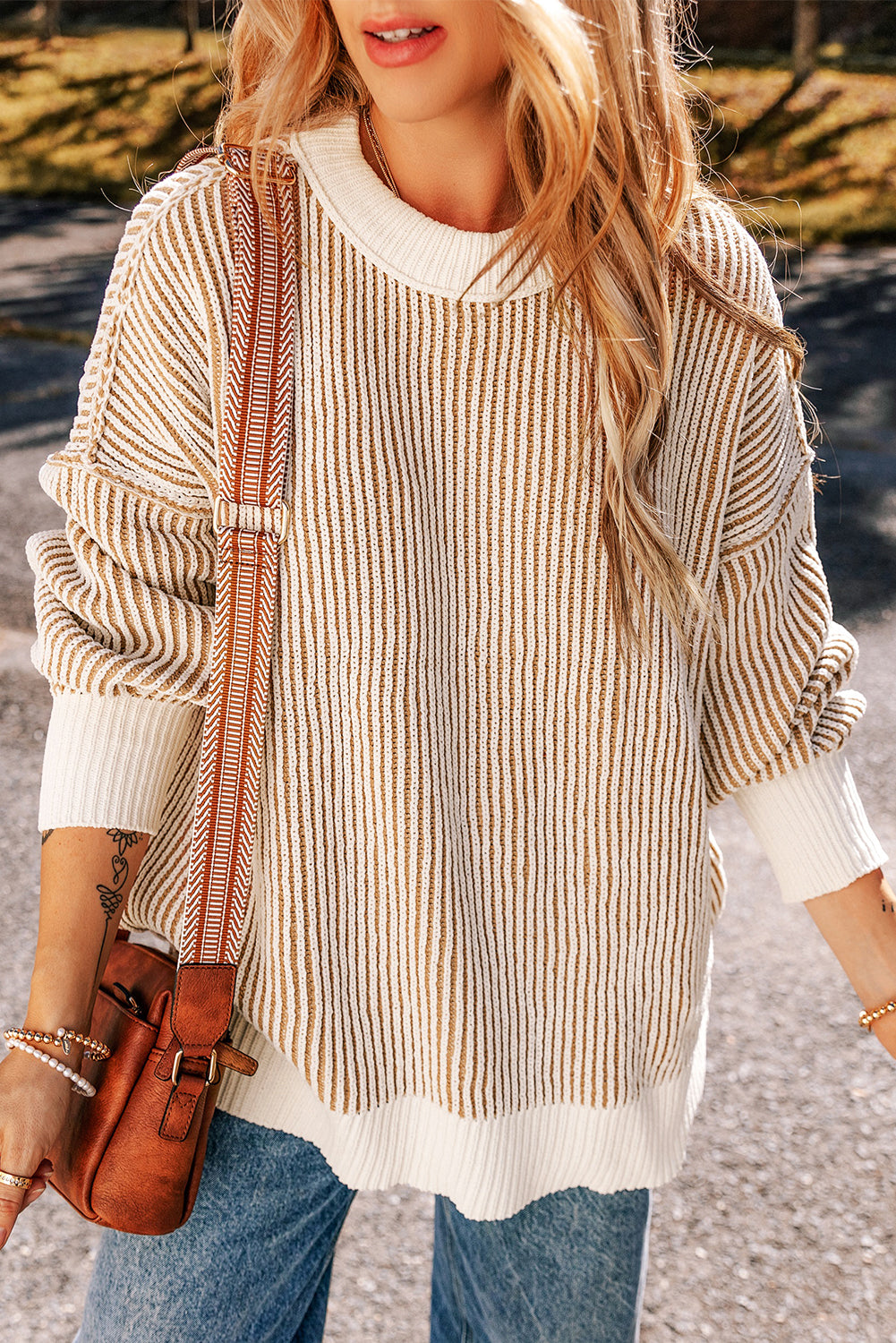 Dark Blue Striped Textured Knit Contrast Edge Loose Sweater