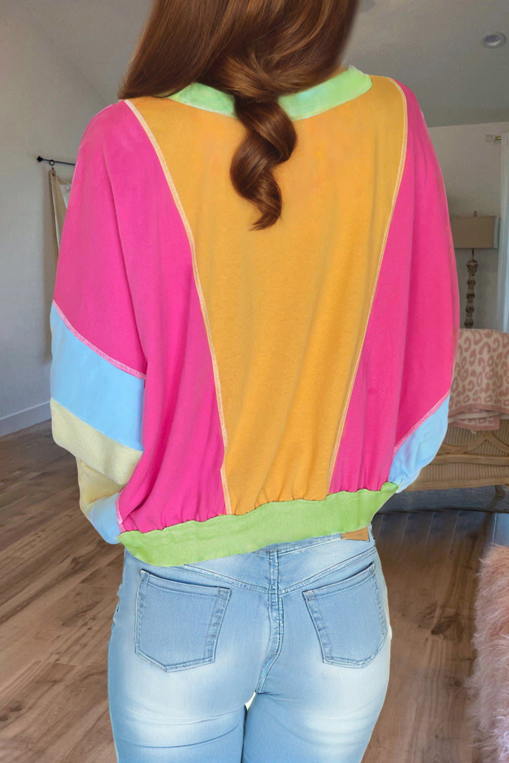 Dark Green Colorblock Patchwork Exposed Stitching Oversize Top