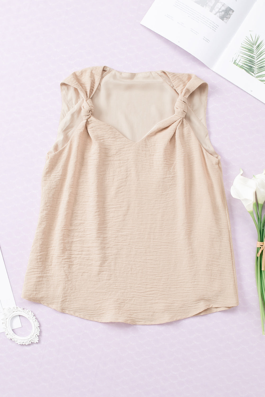 Rose White V Neck Knotted Shoulder Vest