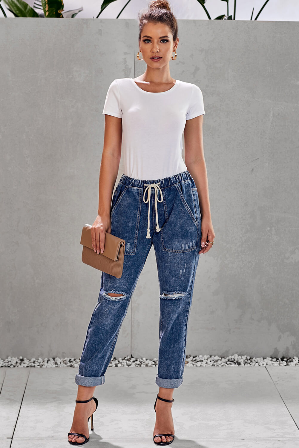Sky Blue Gather Round Distressed Pocketed Denim Jogger