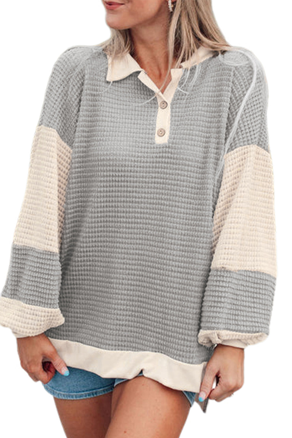 Khaki Textured Colorblock Collared Henley Top