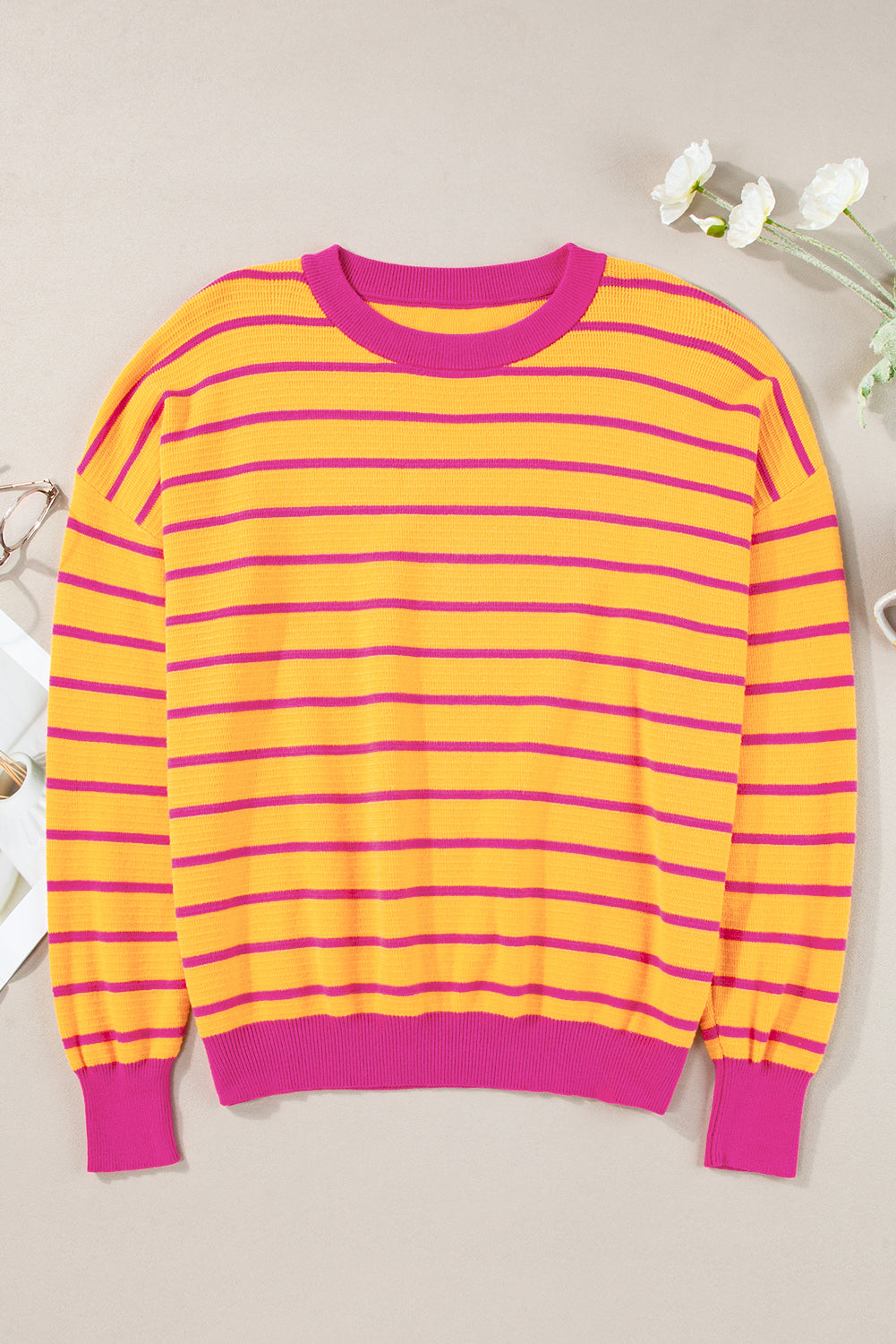 Pink Stripe Trimmed Round Neck Drop Shoulder Loose Sweater