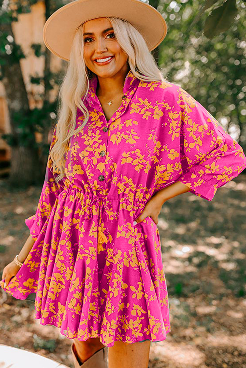 Green Floral Print Drawstring Tunic Flowy Short Dress