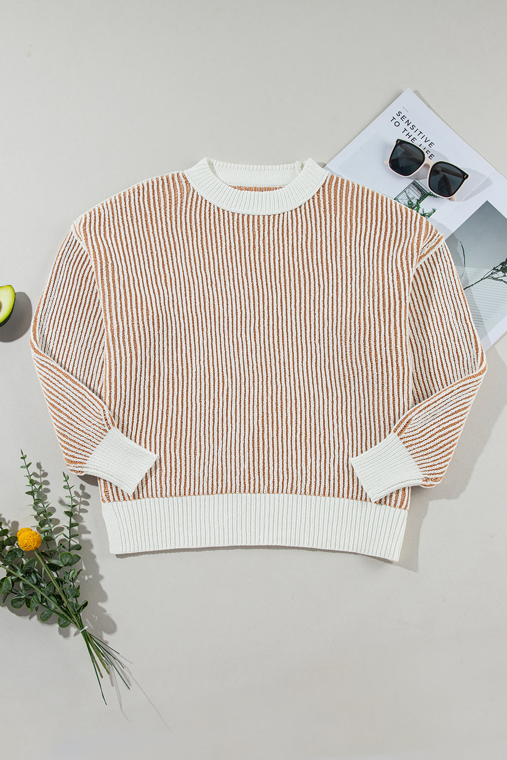 Dark Blue Striped Textured Knit Contrast Edge Loose Sweater