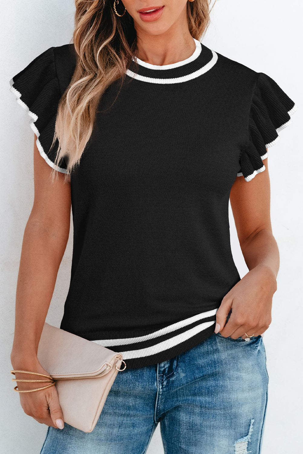 Black Edge Piping Ruffled Sleeve Round Neck Knit T Shirt