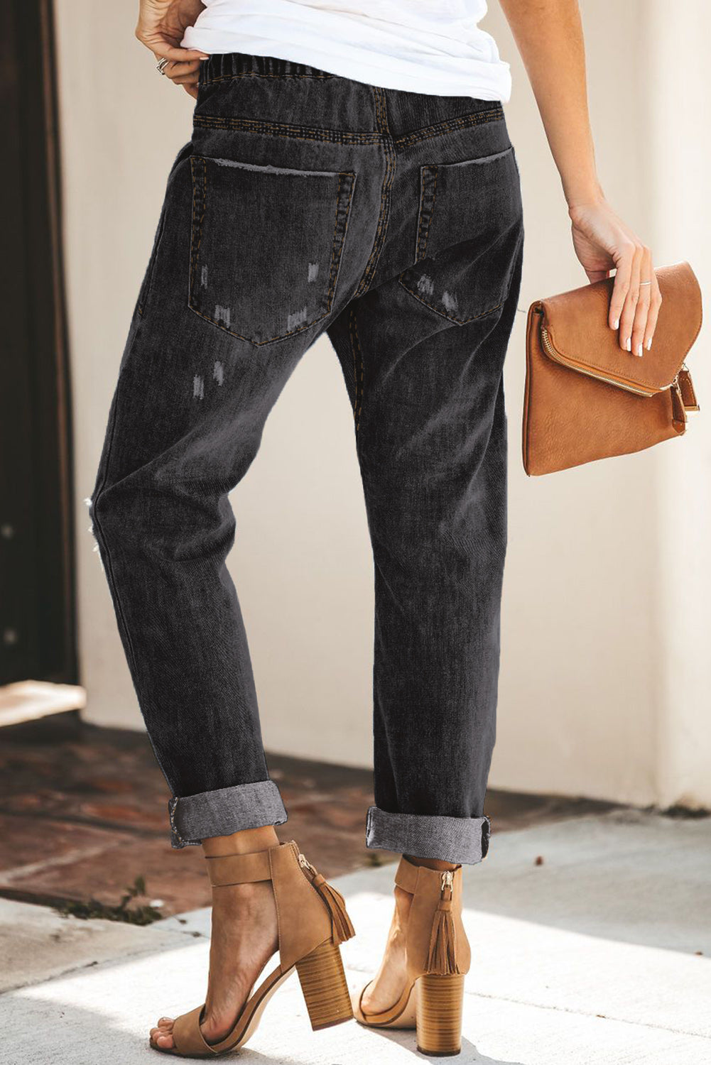 Sky Blue Gather Round Distressed Pocketed Denim Jogger