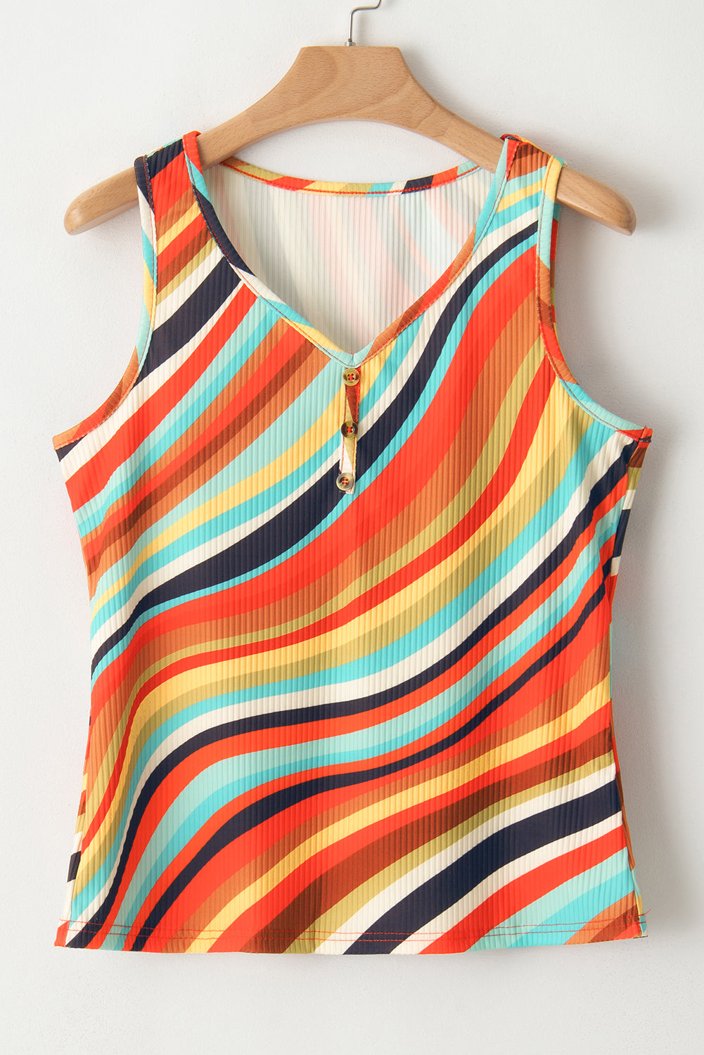 Purple Wavy Striped Buttoned V Neck Tank Top