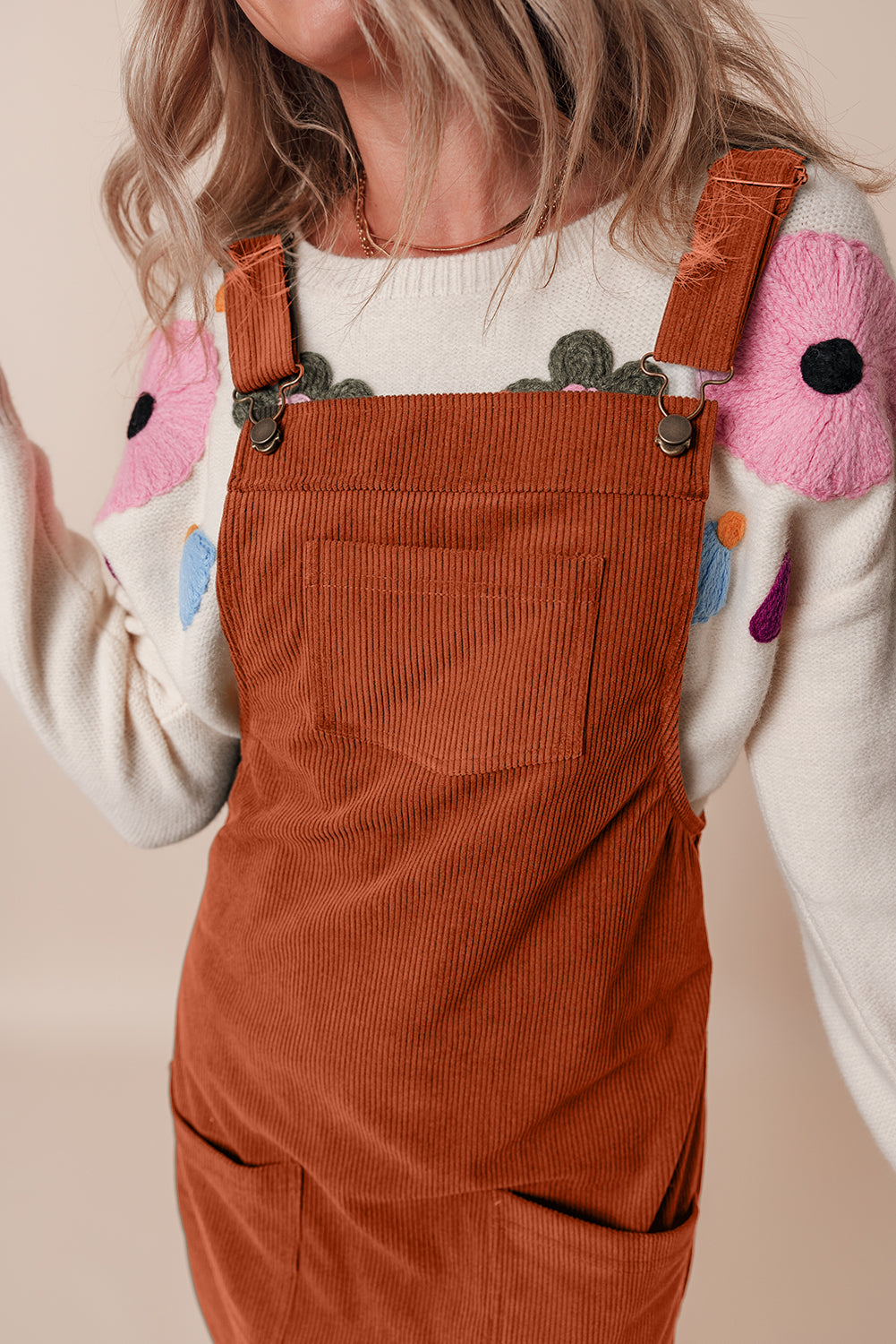 Black Solid Front Pockets Sleeveless Corduroy Overall Dress