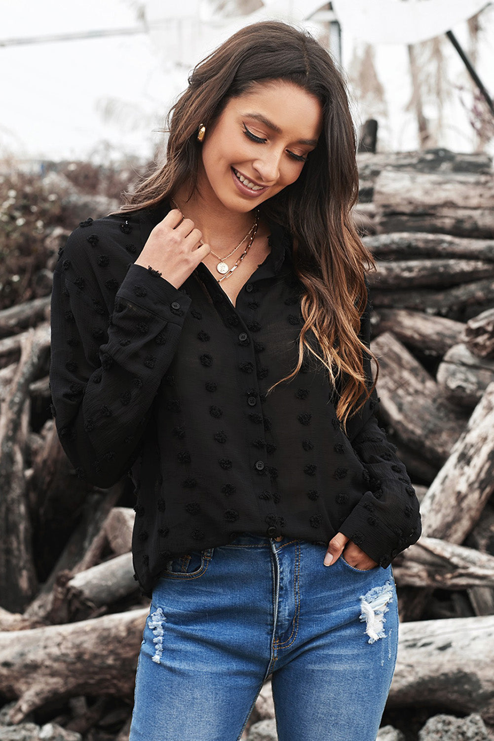 Gray Long Sleeve Button Fuzzy Polka Dot Shirt