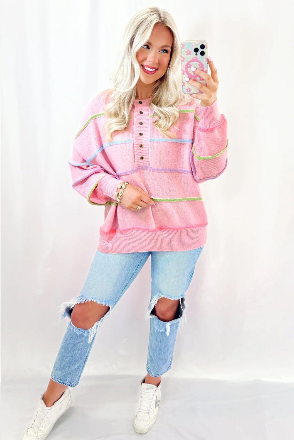 White Rainbow Stripes Drop Shoulder Baggy Henley Sweater
