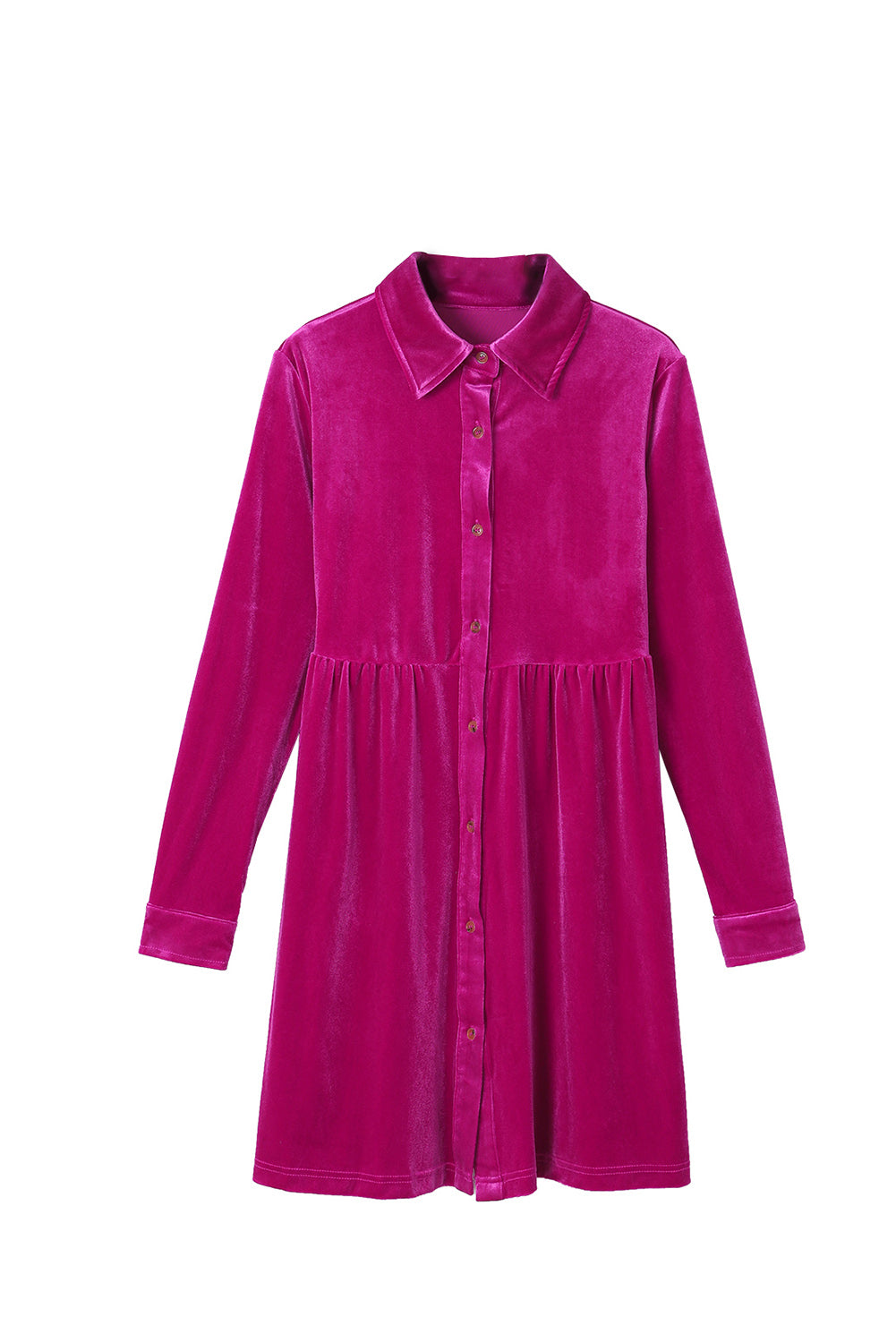 Green Long Sleeve Ruffle Velvet Button Up Dress