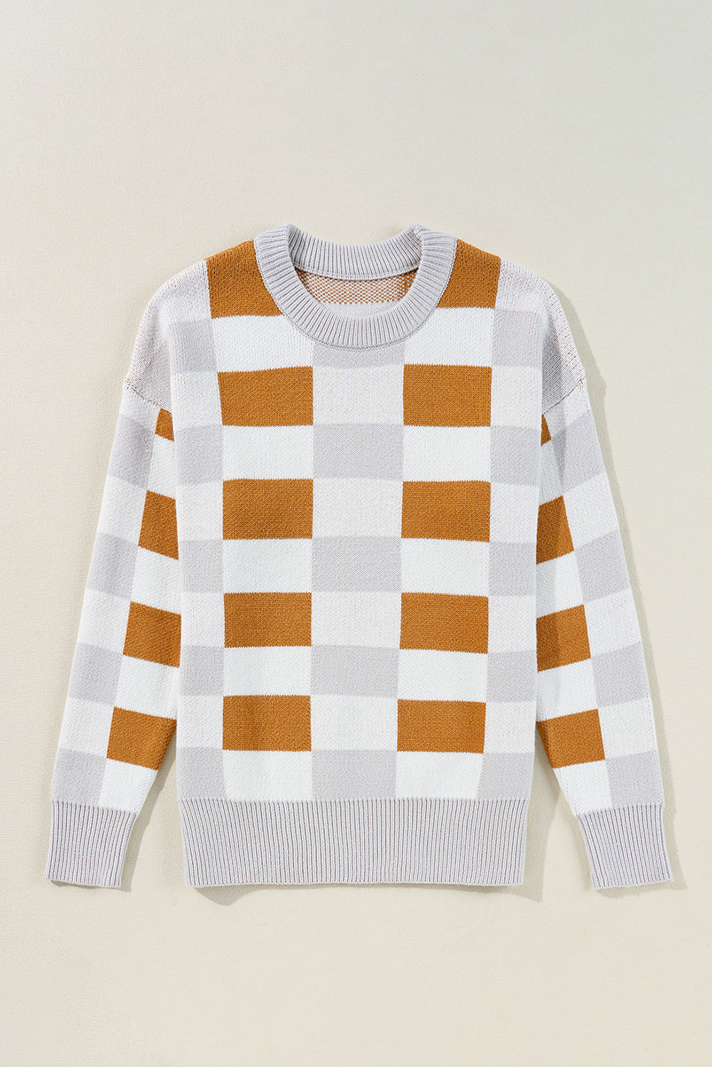 Pink Checkered Ribbed Edge O Neck Drop Shoulder Sweater