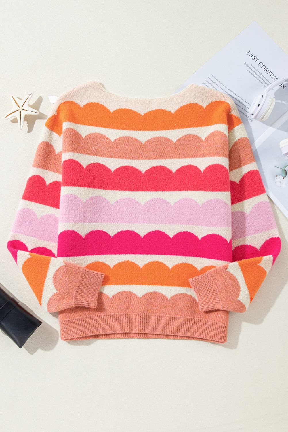 Gray Wave Striped Balloon Sleeve Drop Shoulder Sweater